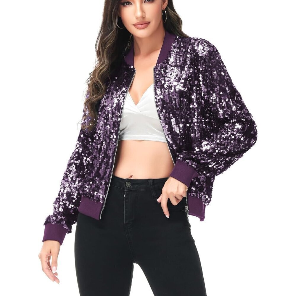 Brand New Women Purple Polyester Long Sleeve Front Zip Jacket Ribbed Cuffs